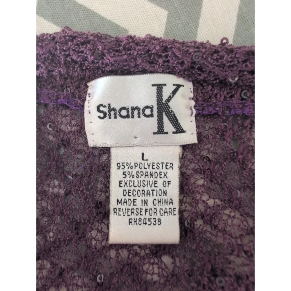 Purple Sparkly Open Knit Dress Women's Size L 3/4 Sleeve Hi-Low Sheer Stretch